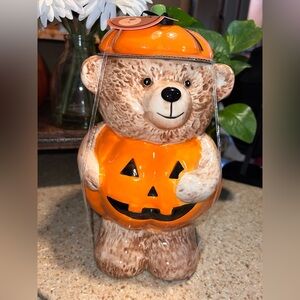 CREEPY CRITTERS Teddy Bear Pumpkin Cookie Jar Container Halloween NWT
